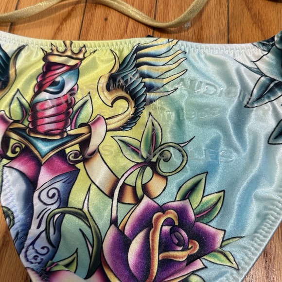 Christian Audigier Y2K Rhinestone Bird Print String Triangle Bikini Size Small - Picture 9 of 9